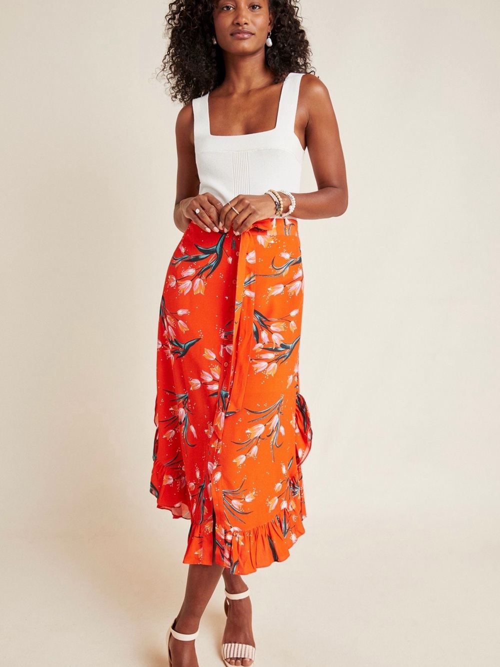 Corey Lynn Calter Bright Orange Floral Wrap Midi Skirt